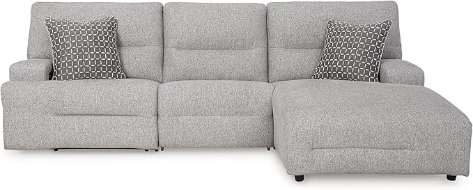 Signature Design by Ashley Acklen Place Stain Resistant Modern L-Shaped Right-Arm Facing 3-Piece Power Reclining Sectional with Adjustable Headrest, USB Ports and 2 Accent Pillows, Light Gray