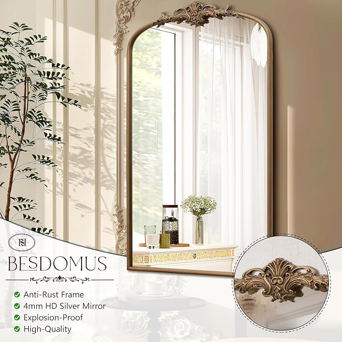 Besdomus Vintage Gold Arched Mirror: 24"x42" French Large Arch Gold Antique Wall Mounted Mirror - Traditional Ornate Home Decor for Entryway/Fireplace/Bathroom - Idea for High-Income Homemakers - Image 7