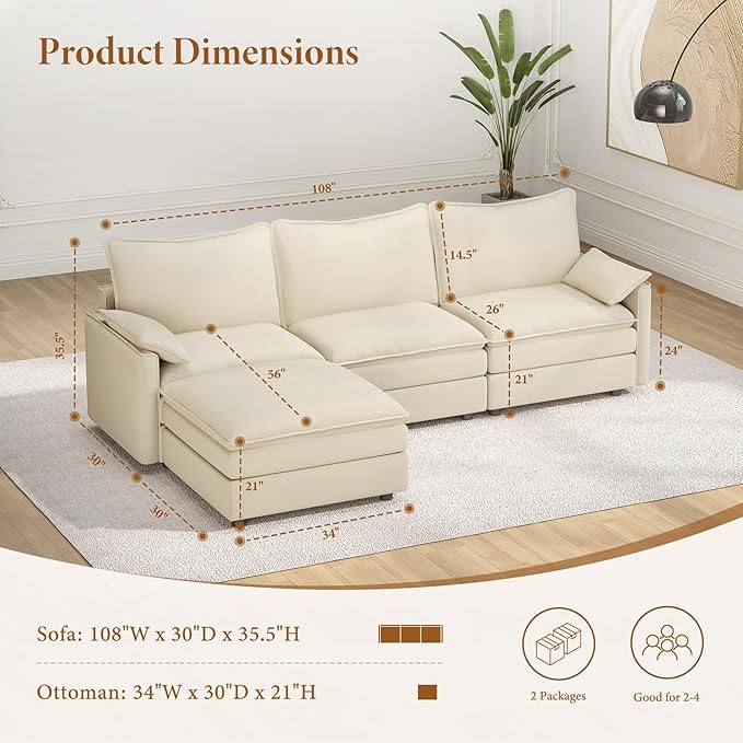 Vesgantti 108" Modular Sectional Sofa, Comfy Cloud Couch with Movable Ottoman Deep Seat Chenille L Shaped Modular Sofa, Sectional Couches for Living Room, Bedroom and Apartment, Beige White