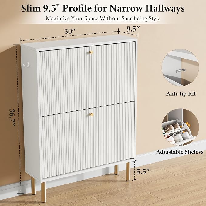 Nicetree Shoe Storage Cabinet for Entryway - 2 Flip Drawers Shoe Cabinet with Tiered Fluted Design - Slim Shoe Storage Rack with Gold Legs - Narrow Shoe Cabinet Hidden Shoe Organizer for Small Spaces - Image 2