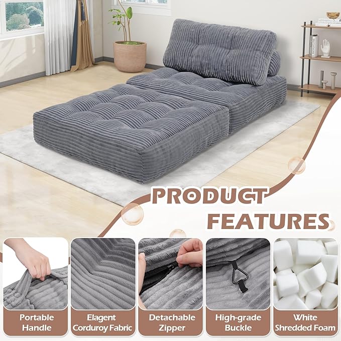 Folding Sofa Bed, Convertible Sleeper Chair with Pillow & Handle, Foldable Mattress Futon Chair Bed Lounge with Back Support, Comfy Floor Sofa for Living Room Bedroom, LightGrey, Single