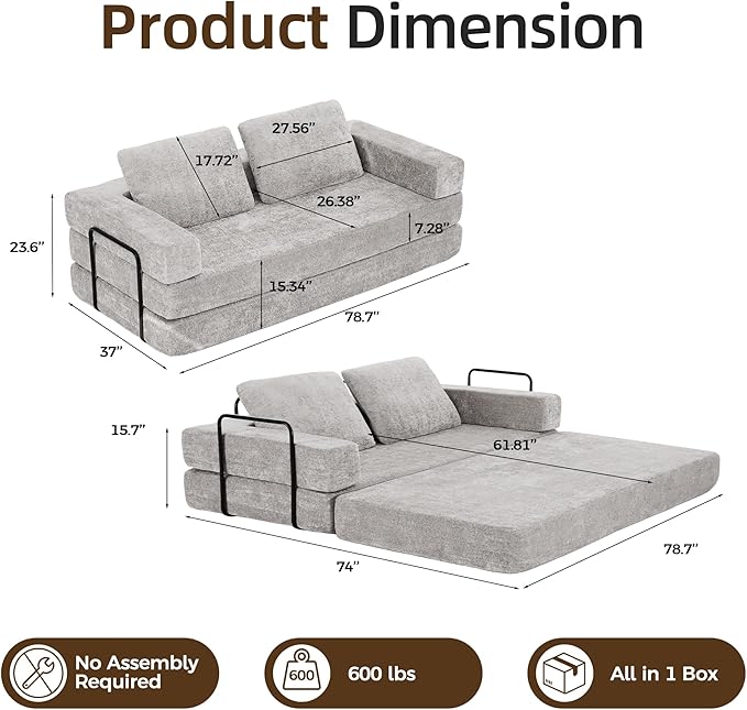 Convertible Sofa Bed, 4-in-1 DIY Combination Modular Couch with Pillows, Comfy Boneless Sleeper Sofa Bed with Fixed-Shape Frame, Chenille Convertible Lounge Couch for Living Room, Light Gray