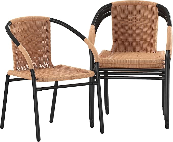 EMMA + OLIVER Set of 4 Modern Rattan Indoor/Outdoor Stack Chairs, Stacking Rattan Patio Chairs with Curved Back and Cross Bracing, Beige - Image 3