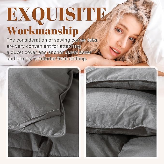 Feather and Down Comforter Insert Queen Size, 100% Cotton Cover, All Season Grey Down Feather Duvet Insert, Fluffy Soft Hotel Luxury Bedding for Bedroom, 90 x 90 Inches