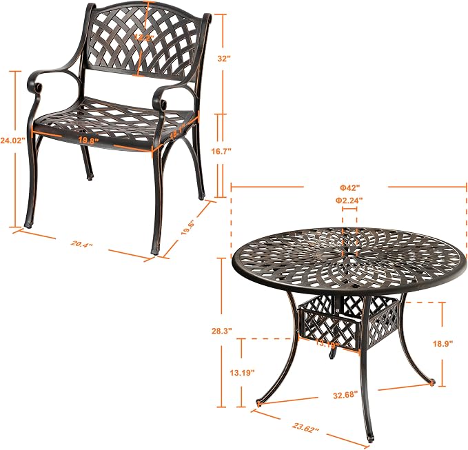 NUU GARDEN Outdoor 5-Piece Patio Dining Set, 4 Patio Chairs and 42'' Round Dining Table with 2.24" Umbrella Hole, Cast Aluminum Frame, for Patio, Deck, Garden, Backyard, Balcony, Antique Bronze - Image 4