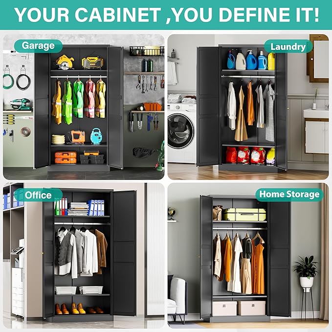 Metal Wardrobe Cabinet,Armoire Wardrobe Closet with doors,Black Metal Clothing Storage Cabinet with Adjustable Shelves and Hanging Rod,72" Cloth Storage Cabinets for Home,Bedroom Armoires,Laundry