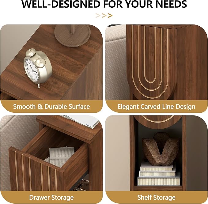 weselon Narrow Nightstand, Mid-Century Modern Bedside Table with Carved Drawer and Storage Shelf, Slim Side End Table for Bedroom Small Space, Wooden Farmhouse Night Stand (1, Walnut) - Image 5