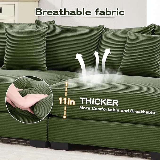 KEIKI 130" U-Shaped Oversized Corduroy Modular Cloud Sectional Sofa with 2 Ottoman, High-Density Foam Cushion, Extra-Thick Armrest, 3-Seater Fluffy Corner Couch with 9 Pillow, for Living Room, Green