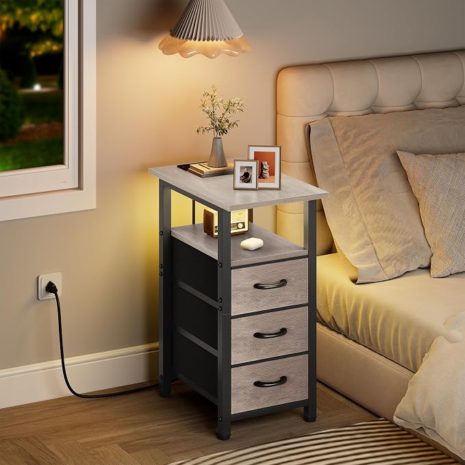 Vagusicc Set of 2 Nightstand with Charging Station and LED Lights, Narrow End Table, LED Night Stand with 3 Fabric Drawers for Bedroom, Small Bedside Table, Narrow Side Table for Small Spaces, Greige - Image 8