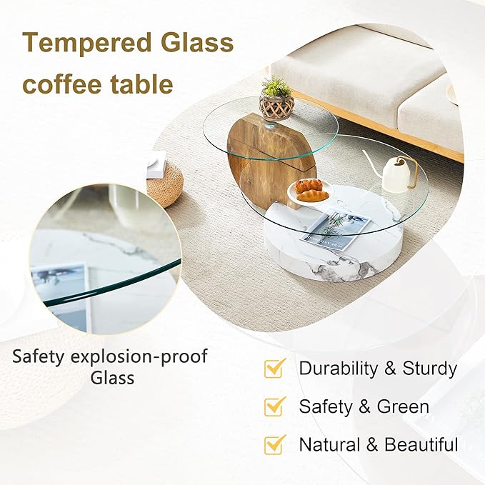 42" Glass Coffee Table, Round Coffee Table, 2-Tier Tempered Glass Tabletop with White and Wood Base, Modern Center Table for Living Room, Home, Apartment, Ideal for Small Space