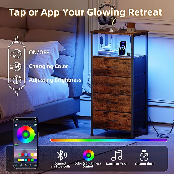 Somdot Tall Nightstand with Charging Station and LED Light for Bedroom, 4 Drawers Dresser with Fabric Bins for Bedside Kids Dorm Room Closet Laundry Entryway, Wood Grain Print - Image 4