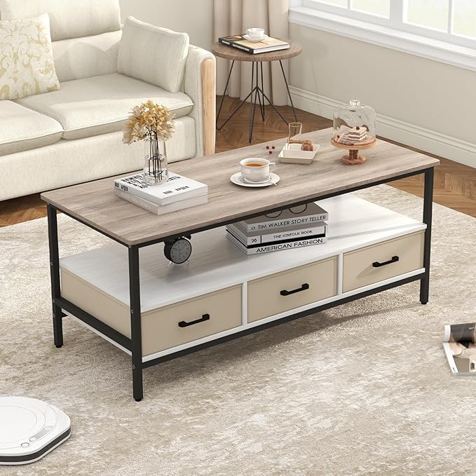 OC Orange-Casual 46" Coffee Table with Storage, 2-Tier Wood Coffee Table with Open Display Shelf & Foldable Drawers, Farmhouse Table with Metal Frame, Small Center Table for Living Room (46.3")