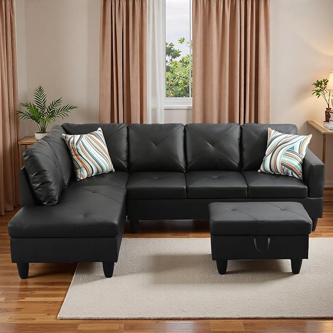 L-Shaped Sectional Sofa with Movable Chaise & Storage Ottoman, Leather 3-Piece Modular Convertible Couches for Living Room, Apartment & Office, Black