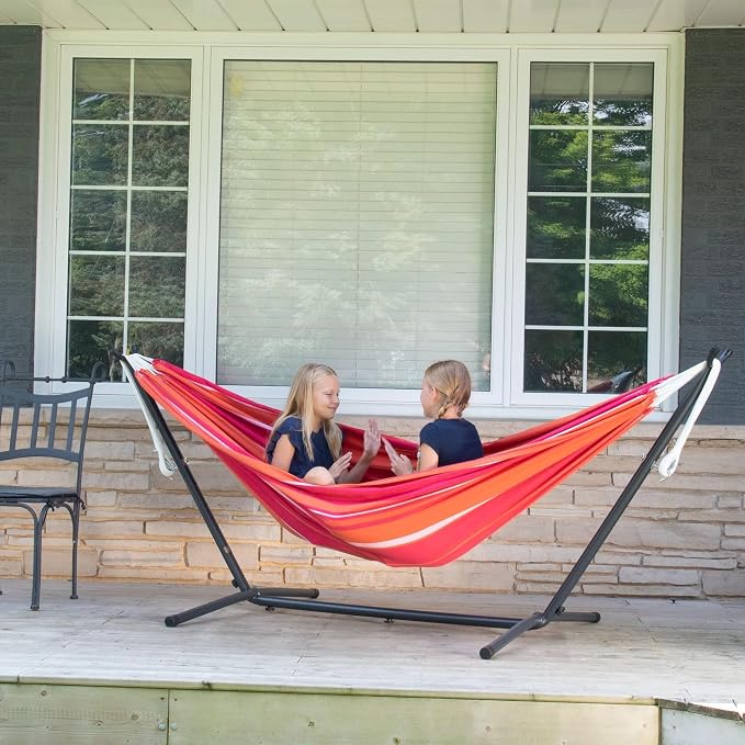 Vivere Double Cotton Hammock with Space Saving Steel Stand, Upgraded Polyester End Strings 450 lb Capacity - Premium Carry Bag Included - USA Grown Cotton (Mimosa) - Image 5
