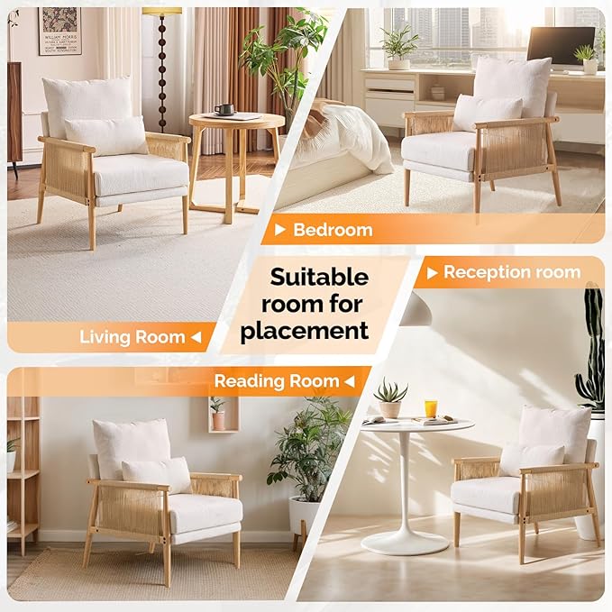 VINGLI Boho Braid Accent Armchair,Mid-Century Modern Chiar with Solid Wooden Armrest,Comfy Louge Cushion Chair with Waist Pillow for Bedroom,Living Room,Reading Room, Beige
