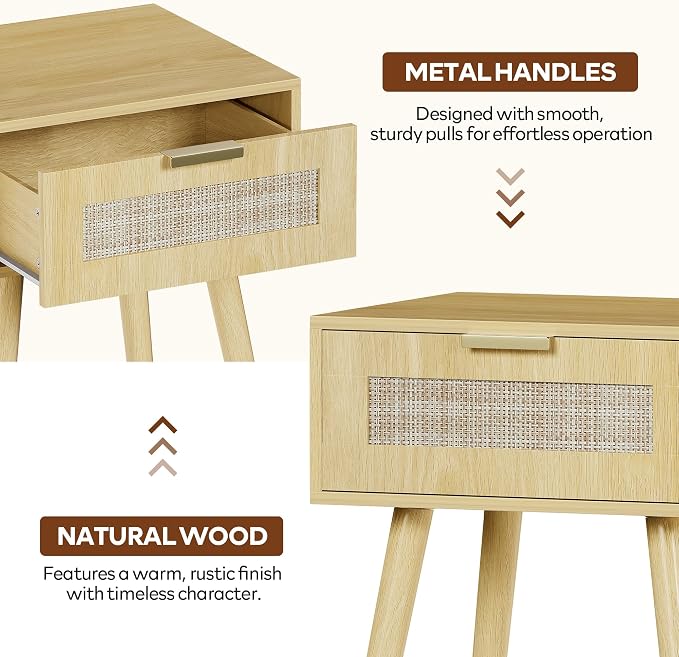 LAZZO Set of 2 Bedroom Nightstands Wooden Night Stands with Rattan Weaving Drawer Home Bedside End Table for Bedroom Storage - Image 9