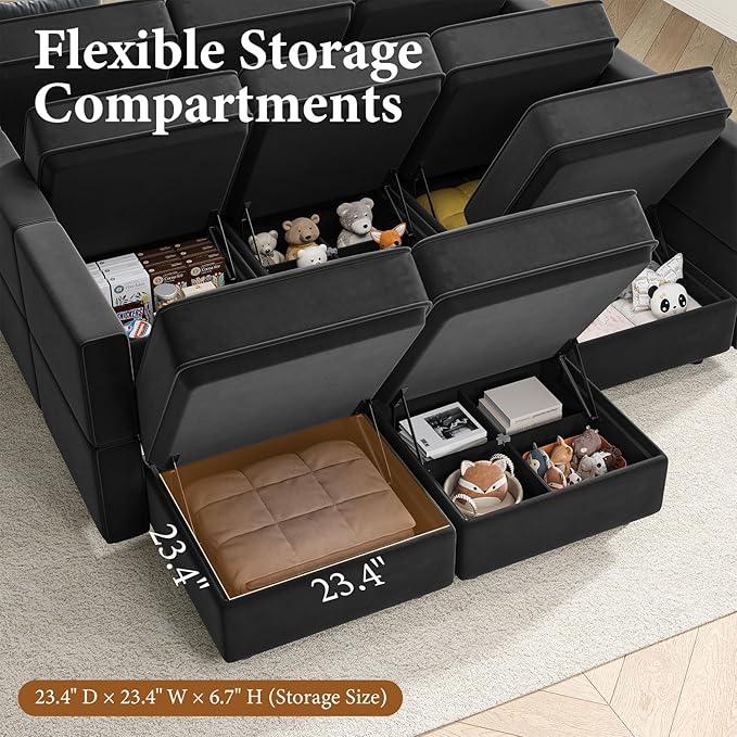 Vesgantti Sectional Couches with Storage Seats, 118" L Shaped Convertible Modular Sectional Sofa, 4 Seat & 1 Ottoman Velvet Storage Chaises Deep Seat Couch for Living Room, Bedroom, Apartment, Black