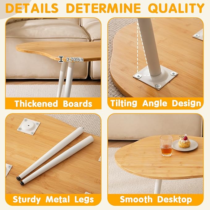 Cloud Coffee Table- Cute Tea Tables with Natural Bamboo, Solid Wood Coffee Tables, Modern Accent Sofa Center Table for Living Room & Office