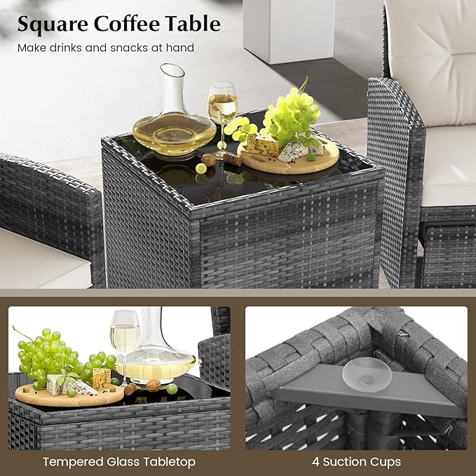 KOTEK 5 Pieces Patio Furniture Set with Ottomans, Wicker Patio Conversation Set with Coffee Table & Cushions, PE Rattan Outdoor Lounge Chairs for Backyard, Porch, Poolside (Mix Grey- Off White)