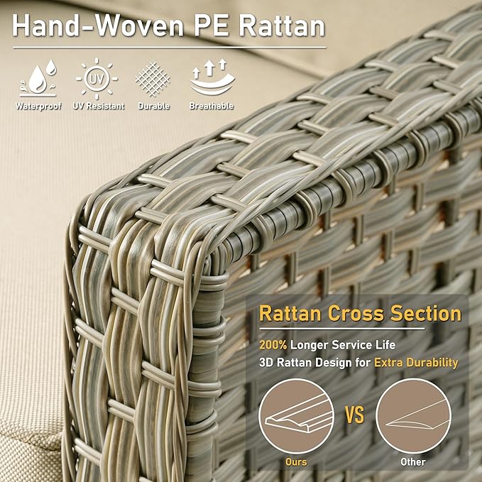 HOOOWOOO 6 Piece Patio Furniture Sets with Fire Pit Table,Outdoor Wicker Furniture Set,All Weather Resistant Outside High Back Rattan Conversation Set for Out Door(Beige Tan)