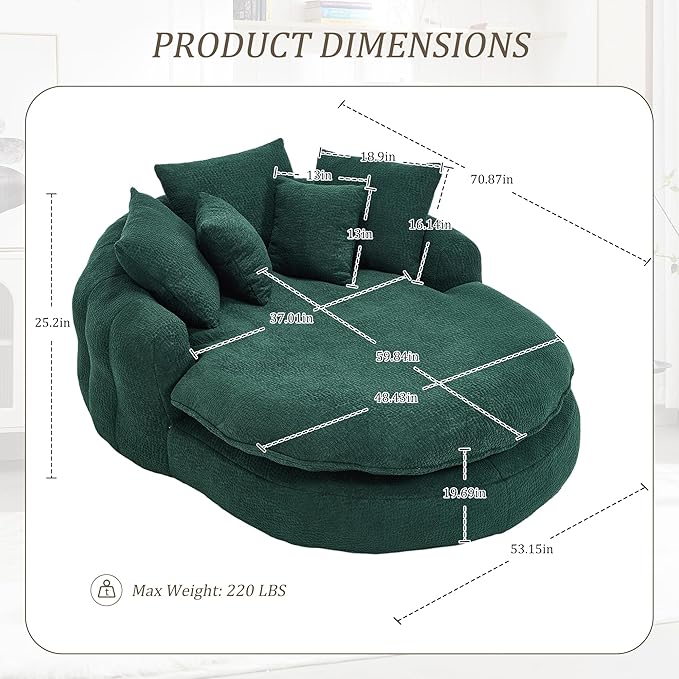 KEIKI 71" Chenille Round Boneless Sofa Couch, Oversized Chaise Lounge Chair Couches Indoor, No Assembly Required Floor Lazy Bean Bag, Modern Sleeper Sofa Bed for Living Guest Room & Bedroom, Green