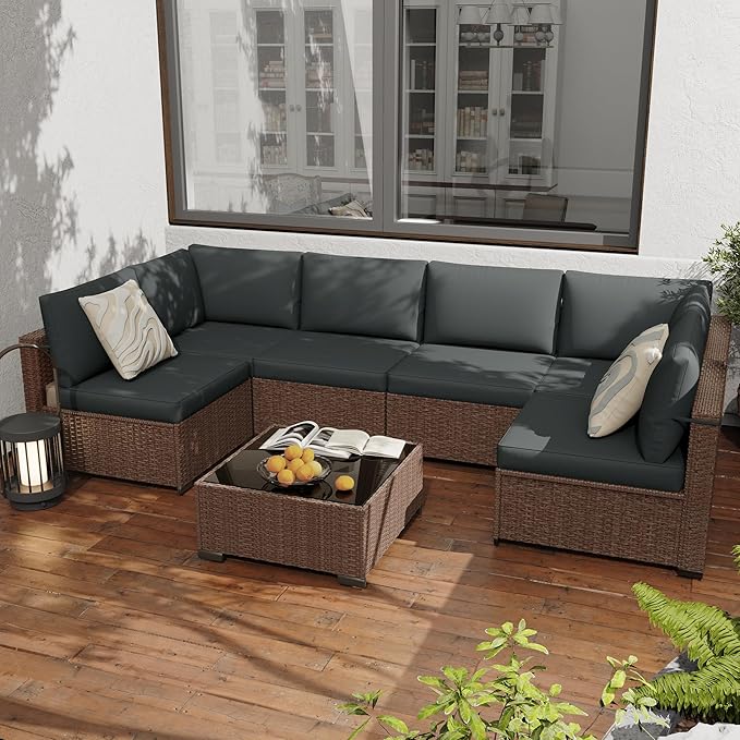 KIGOTY Patio Furniture Set,7 Pieces Modular Outdoor Sectional Sofa, PE Rattan Patio Conversation Set, All Weather Wicker Patio Furniture with Cushions and Coffee Table（Brown/Dark Grey）
