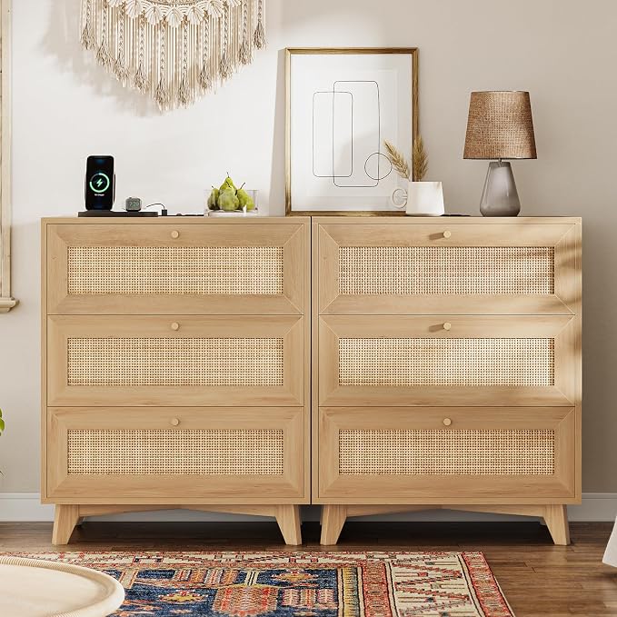 VIAGDO Rattan Nightstand Set of 2 with Charging Station, Natural Rattan Night Stand with 3 Large Wicker Decorated Drawers, Boho Bedside Table, End Side Table, 3 Drawer Dresser for Bedroom by VIAGDO