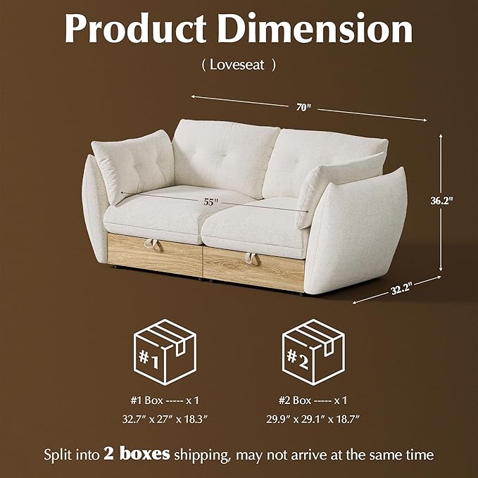 70" Loveseat Sofa with Storage, Cotton and Linen Fabrics Modern Oversized Modular Sectional Cloud Couch with Armrest Pillow, Easy Assembly for Small Spaces, Ivory