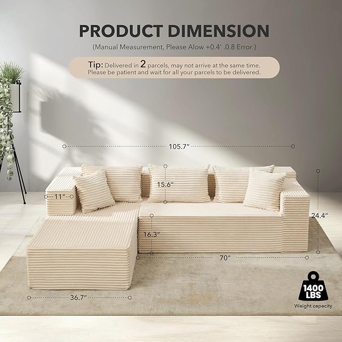 Modular Sectional Sofa Cloud Sectional Couch, 106" Comfy L Shaped Couches for Living Room,Oversized Sofa Sleeper with Deep Seat, No Assembly Required