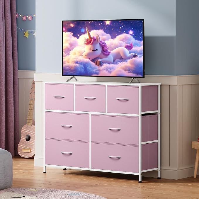 WLIVE 7 Drawer Dresser TV Stand, Entertainment Center, Media Console Table with Metal Frame and Wood Top for TV up to 45 inch, Chest of Drawers for Bedroom, Living Room, A-Pink - Image 8