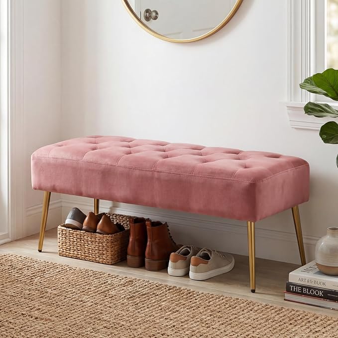 DUHOME Modern Velvet Ottoman Bench, Button-Tufted Upholstered Bedroom Benches,End of Bed Bench with Gold Base for Entryway Living Room Dining Room, Pink - Image 2