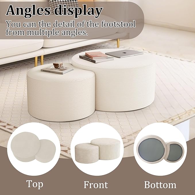 Round Coffee Table Set of 2, Movable Ottoman for Corduroy Cloud Sectional Couches Circle Foam Round Side Table for Living Room, Entryway Set, 32"+17" Footrest No Assembly (Beige, 32"+17")