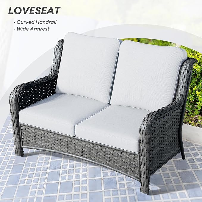 HOOOWOOO Patio Outdoor Furniture with Large Fire Pit Table,High Back 6 Piece Wicker Patio Conversation Set with Swivel Chairs,7 Person Couch Sofa Seating,Light Gray