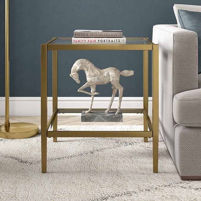 Henn&Hart 20" Wide Square Side Table with Glass Shelf in Antique Brass, Table for Living Room, Bedroom