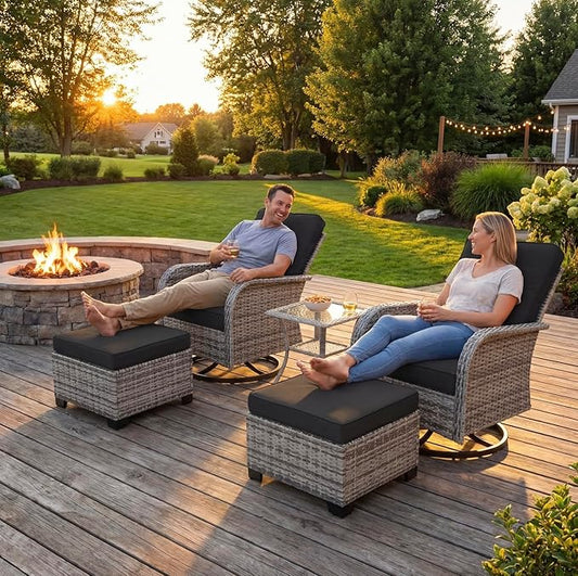 Outdoor Patio Furniture Set Patio Rocking Swivel Chair with Tempered Glass Side Table, Outdoor Wicker Rattan Bistro Set with Ottomans for Garden, Deck, and Balcony, Dark Grey