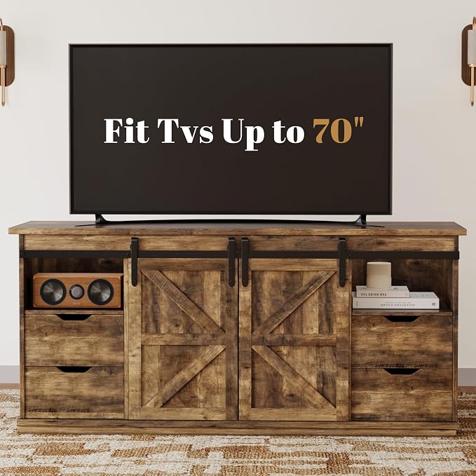 YESHOMY Farmhouse TV Stand for Televisions up to 65 Inch, Wood Entertainment Center with Sliding Barn Doors and 4 Storage Drawers, 58’’ Media Console Cabinet with Shelves for Living Room, Barnwood - Image 7