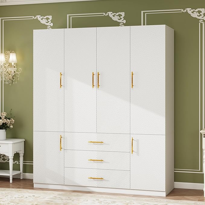 Armoires Wardrobe Closet Wood: Large Wardrobe Closet 4 Door White Storage Cabinet with 3 Drawers, Shelves and 2 Hanging Rods for Hanging Clothes
