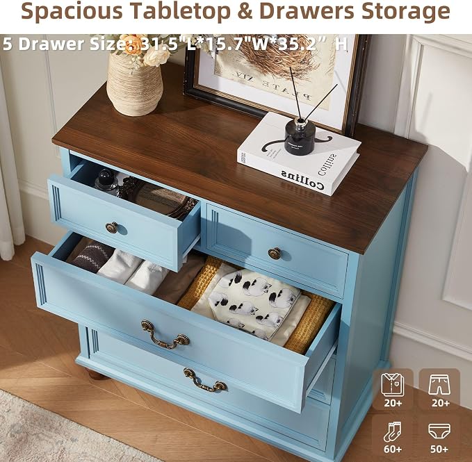 Joaxswe Farmhouse 5 Drawer Dresser Set of 2 for Bedroom, 35" Tall Rustic Chests of Drawers w/ 4 Solid Wood Feet, Mid Century Vintage Wooden Closet Storage Dressers Organizer for Living Room,Light Blue - Image 4
