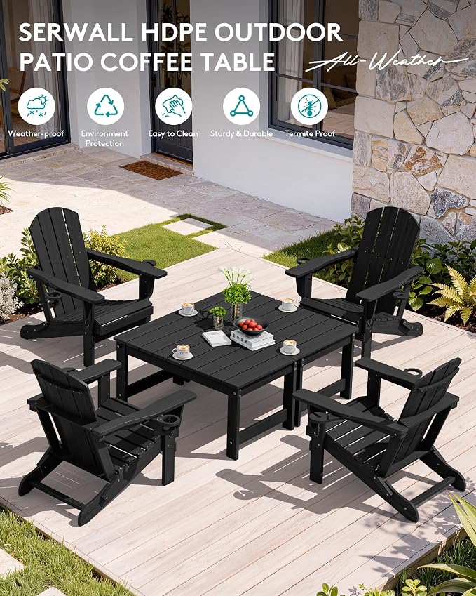 SERWALL Outdoor Coffee Table, HDPE Patio Coffee Table for Outside, Rectangle, Black - Image 8