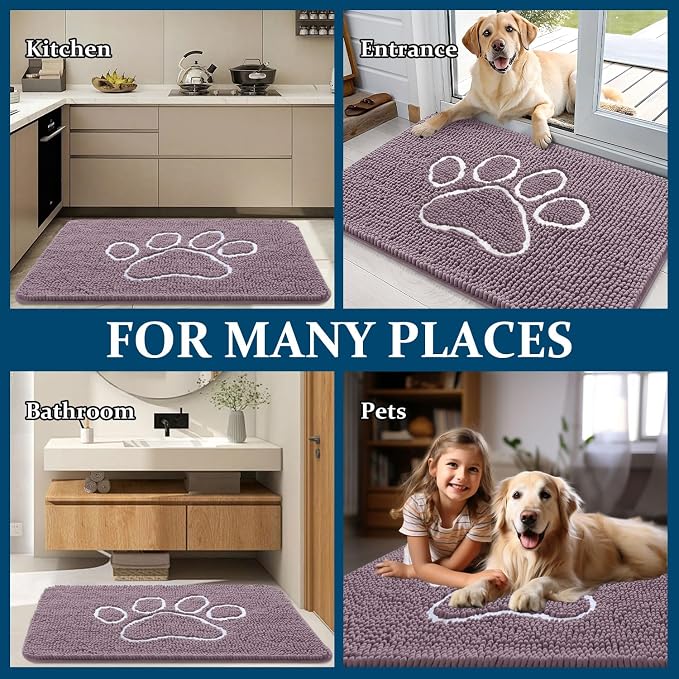 OLANLY Dog Door Mat for Muddy Paws 30x20, Paw Print Design, Absorbs Moisture and Dirt, Absorbent Non-Slip Washable Doormat, Quick Dry Chenille Mud Mat, Entry Indoor Entryway Carpet, Deep Plum - Image 8