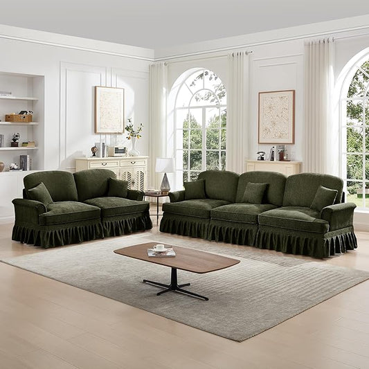 KEIKI Mid Century Modular Sofa with Flared Arms and Skirted Design, 107” Oversized 3-Seater Loveseat Luxury Chenille Sectional Couches Set for Living Room, Soft Sofa and Loveseat Furniture Set, Green