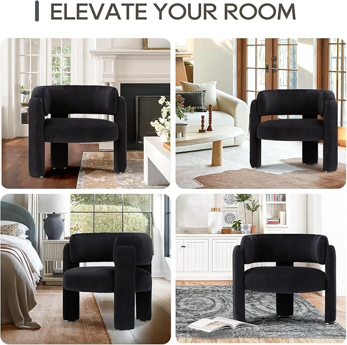 COLAMY Modern Velvet Accent Chair, Upholstered Barrel Chair, Comfy Side Arm Chair with 3 Legs for Living Room, Bedroom, Reading, Black