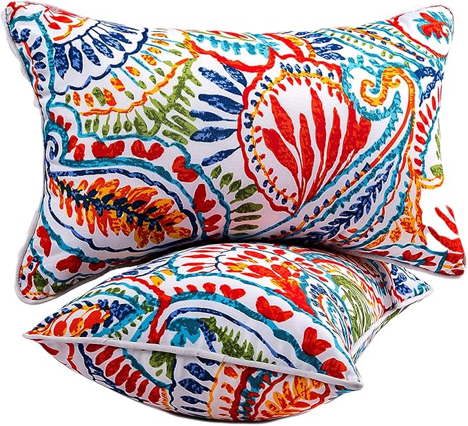 JMGBird Water-Resistant Outdoor Pillows Set of 2, 12x20 inch Durable Colorful Paisley Pattern Throw Pillows with Inserts for Patio Furniture