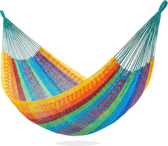PNAEUT Handwoven Mayan Hammocks for Outside, Handwoven Thick Soft Rope Double Hammocks for Outdoor Indoor, Max 600 lbs Capacity, Tree Straps, Carabiners & Carrying Bag Included (Tropical, X-Large) by PNAEUT