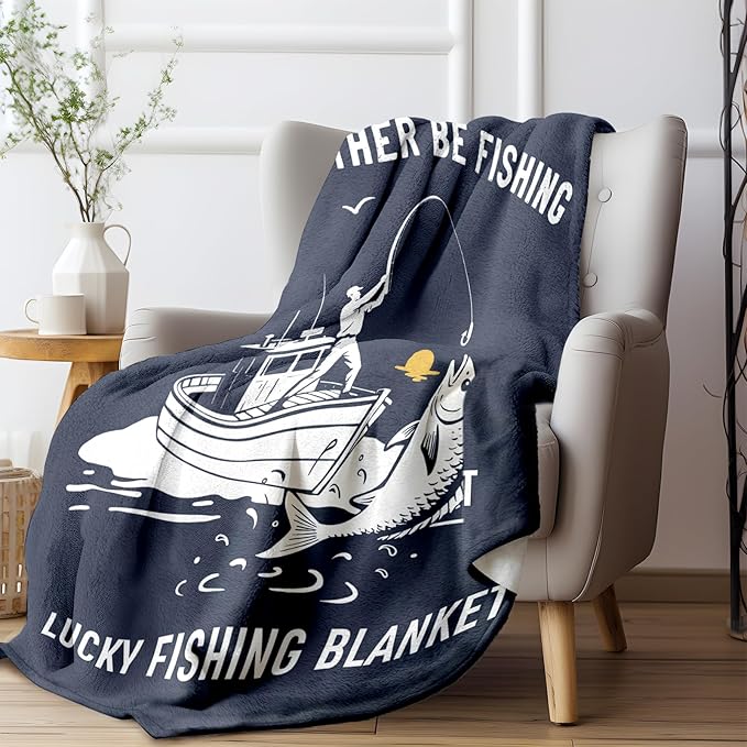 Fishing Gifts for Men, Flannel Soft Lucky Fish Blanket Decor, Fishermen Gifts for Men Boys Accessories, I’d Rather Be Fishing - 50" x 60"