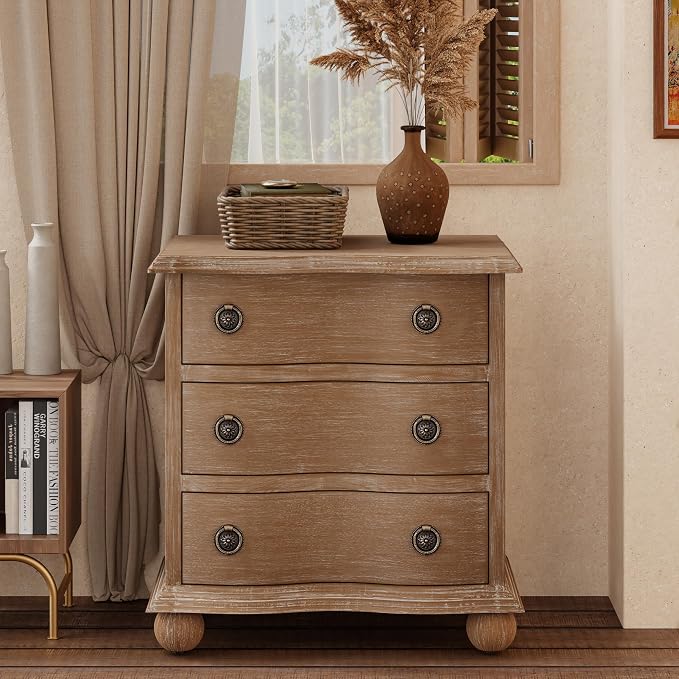 COZAYH Farmhouse 3 Drawer Nightstand with Distressed Wood Finish, Rustic Vintage Small Dresser with Curved Front Design, Solid Pine Base for Bedroom, Almost Fully Assembled, Transitional, Brown by COZAYH
