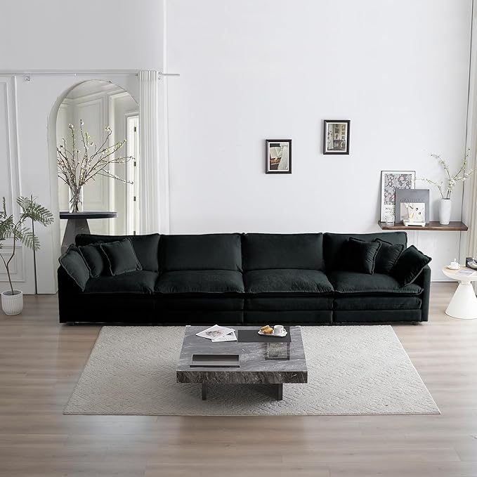 ERYE Shaped Oversized Sectional Sofa Modern Deep Seat Reversible Chaise Sofa&Couch with Movable Ottoman, Modular Sleeper Upholstered Couch for Living Room, Apartment, Studio, Office, 146.5", Black/L
