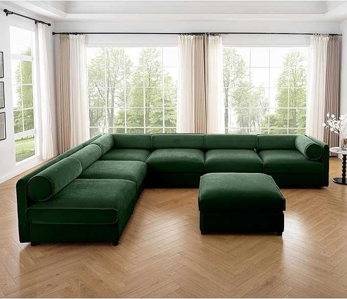 KEIKI 143" Large Modular Chenille Sectional Sofa with Storage Seat, 1 Ottoman, 6-Seater Couch with Cylindrical Backrest and 1 Armrests, Easy Assembly, for Apartment, Living Room, Green