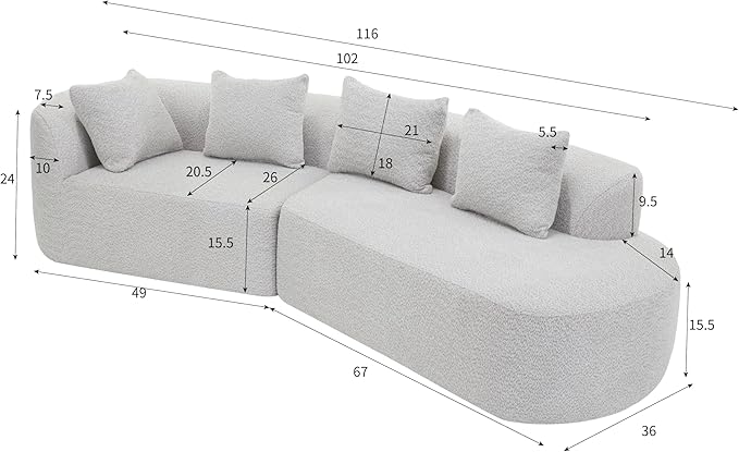 Merax 116" Curved Polyester Sectional Sofa, Modern Pearl Upholstery 3 Seat Cloud Couch with Chaise Lounge & 4 Pillows for Living Room, White+Gray