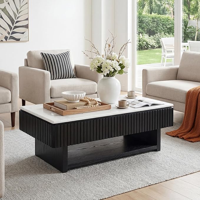 47.4" Rectangle Lift Top Coffee Table with Drawer & Hidden Storage, Modern Fluted Coffee Table with Marble-Pattern Top & Solid Wood Strips, Center Table for Living Room Apartment,Black & White